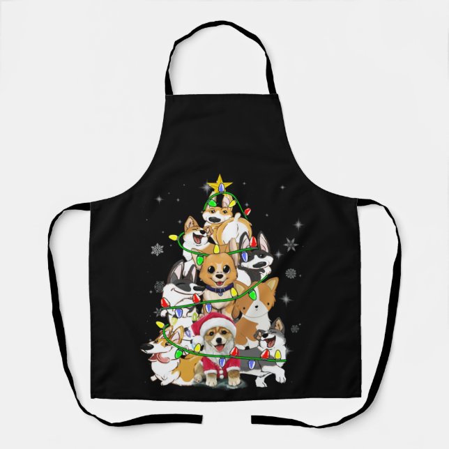 Funny Corgi Christmas Tree Lights Gift Dog Lover Apron (Front)