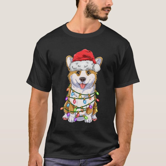 Funny Corgi Christmas Tree Lights Gift Santa Hat D T-Shirt (Front)