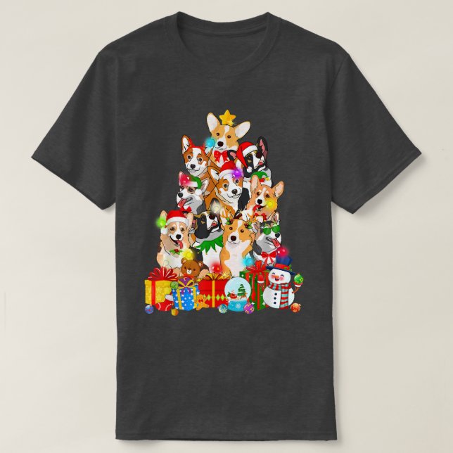 Funny Corgi Christmas Tree Lights Puppy Corgi Dog  T-Shirt (Design Front)