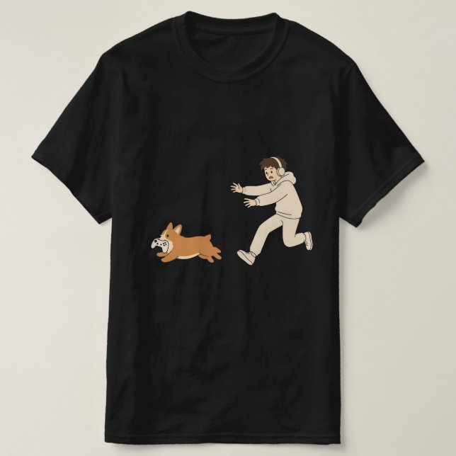 Funny Corgi Dog Chasing Game Controller T-Shirt (Design Front)