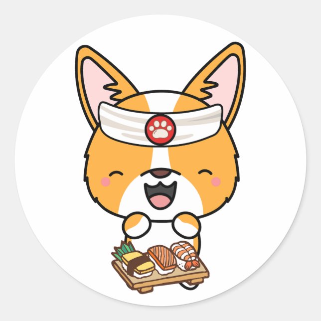 Funny corgi dog is a sushi chef classic round sticker (Front)