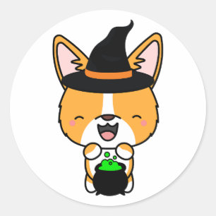 Funny corgi dog is a witch classic round sticker