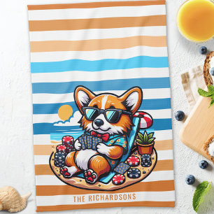 Funny Corgi Dog Poker Player on Vacation Tea Towel