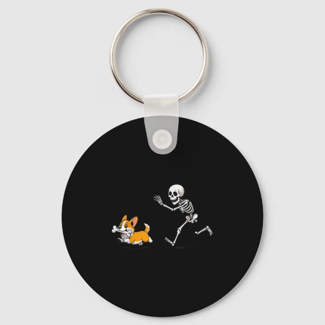 Funny Corgi Dog Steals Skeleton Bone Halloween  Key Ring (Front)