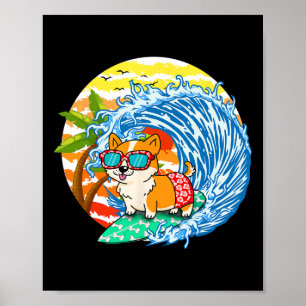 Funny Corgi Dog Surfing Surfer Hawaii Beach Summer Poster