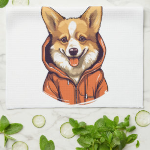 Funny Corgi Dog Wearing Hoodie Tea Towel
