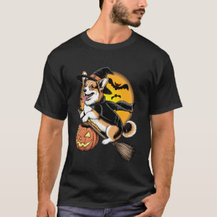 Funny Corgi Dog Witch On Broomstick Pumpkin Hallow T-Shirt
