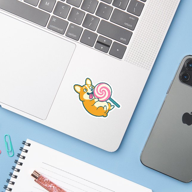 Funny Corgi Dog with Giant Lollipop (Laptop w/ iPhone)