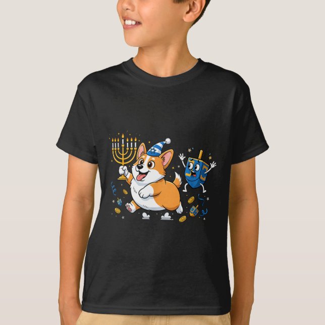 Funny Corgi Dreidel Menorah Hanukkah Kids Womens M T-Shirt (Front)