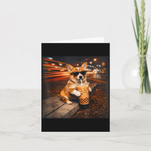 Funny Corgi Drinking Iced Coffee Cute Dog Meme Card