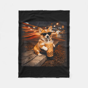 Funny Corgi Drinking Iced Coffee Cute Dog Meme Fleece Blanket