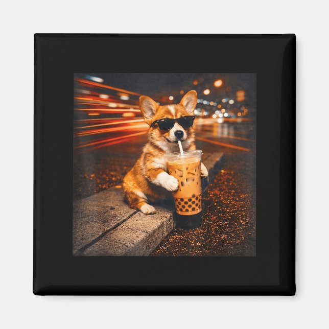 Funny corgi drinking iced coffee cute dog meme magnet (Front)