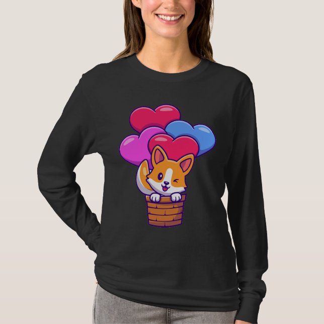 Funny Corgi Flying With Balloons T-Shirt (Front)