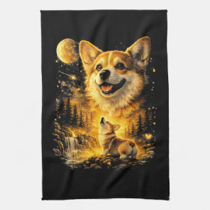 funny corgi howling at the moon tea towel