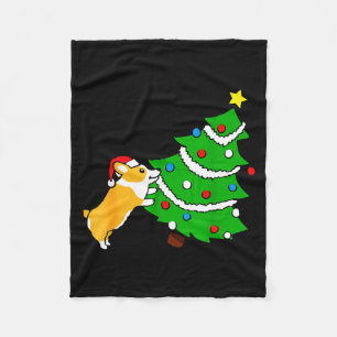 Funny Corgi Pushing Christmas Tree Xmas Dog Mom  Fleece Blanket