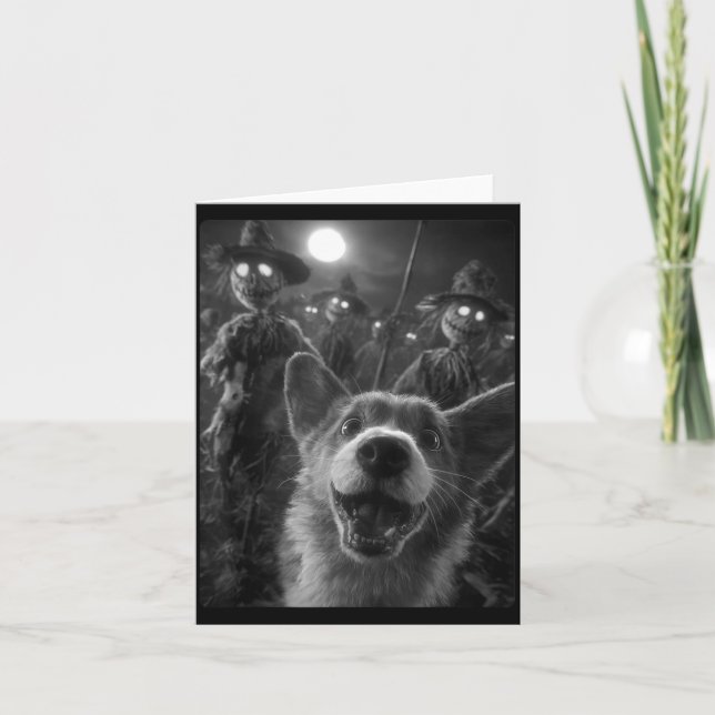 Funny Corgi Selfie With Spooky Ecrows Moon Card (Front)