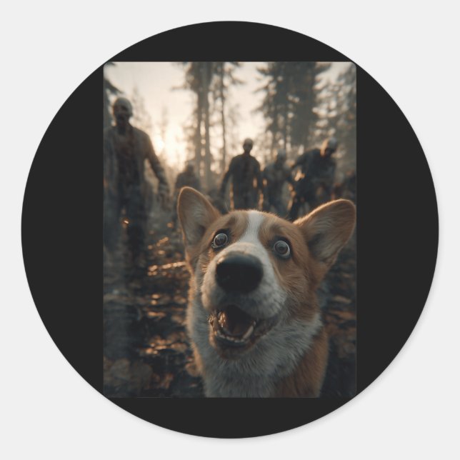 Funny Corgi Selfie With Zombies Spooky Forest Classic Round Sticker (Front)