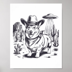Funny Corgi Ufo Western Cowboy Vintage 90s 80s  Poster