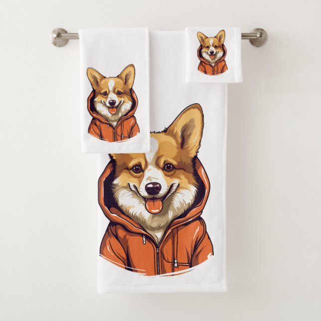 Funny Corgi Wearing Hoodie Bath Towel Set (Insitu)
