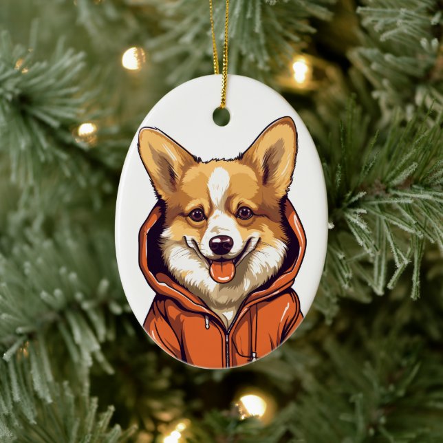 Funny Corgi Wearing Hoodie Ceramic Tree Decoration (Tree)