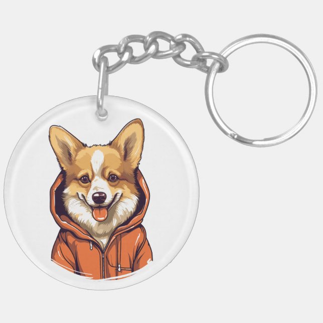 Funny Corgi Wearing Hoodie Key Ring (Back Left)
