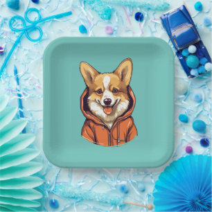 Funny Corgi Wearing Hoodie Paper Plate