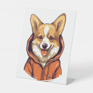Funny Corgi Wearing Hoodie Pedestal Sign