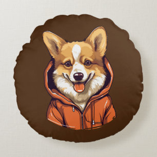 Funny Corgi Wearing Hoodie Round Cushion
