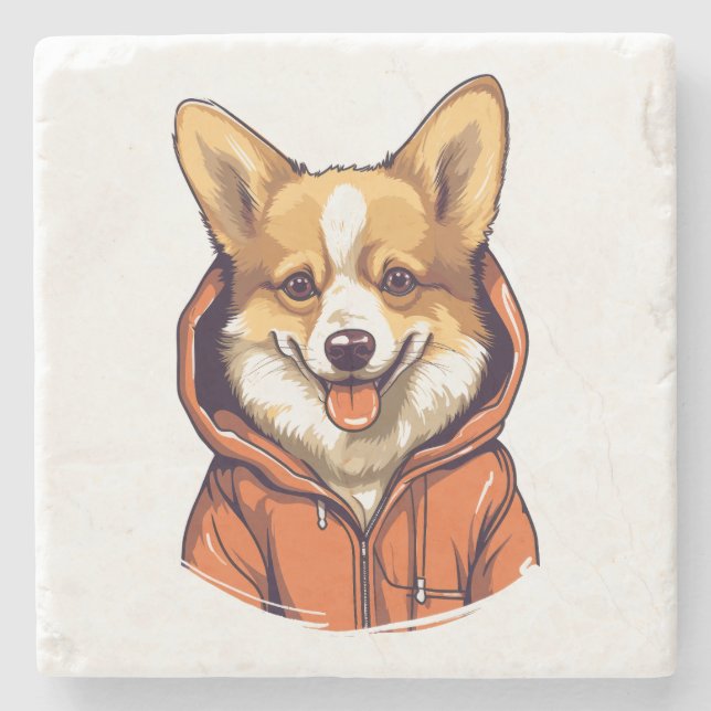 Funny Corgi Wearing Hoodie Stone Coaster (Front)