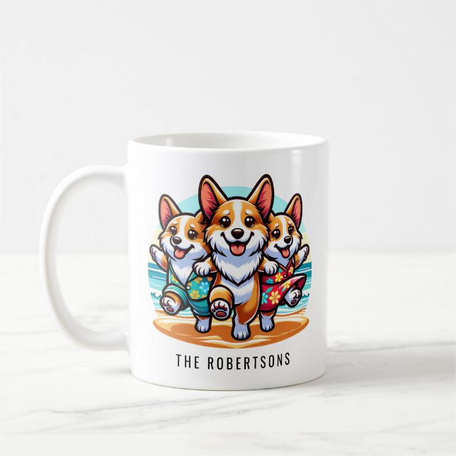 Funny Corgis Dancing on a Beach Personalised Coffee Mug (Left)