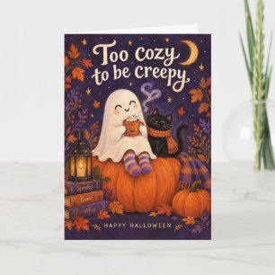 Funny Cosy Ghost and Black Cat Halloween Card