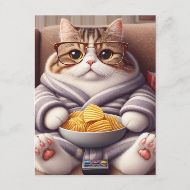 Funny Couch Potato Cat in Glasses Remote and Chips Postcard (Front)