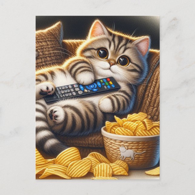 Funny Couch Potato Cat Remote and Chips Postcard (Front)