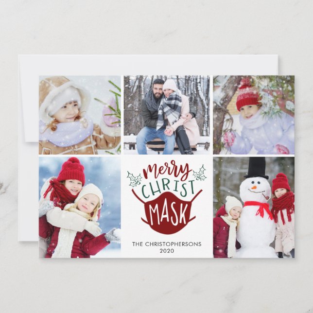 Funny COVID-19 MERRY ChristMASK Face Mask 5 Photos Holiday Card (Front)