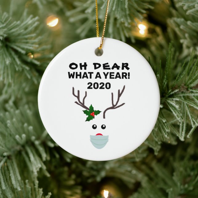 Funny Covid Christmas 2020 Face Mask Reindeer Ceramic Tree Decoration (Tree)