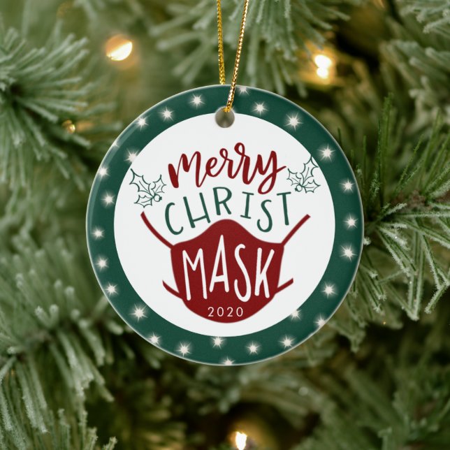 Funny COVID MERRY ChristMASK Photo Green Ceramic Tree Decoration (Tree)