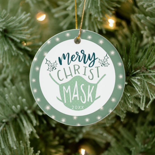 Funny COVID MERRY ChristMASK Photo Green Ceramic Tree Decoration (Tree)