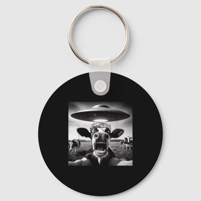 Funny Cow Abduction By Ufo Selfie - Hilarious Alie Key Ring (Front)