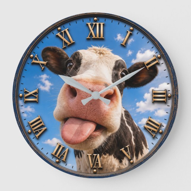 Funny Cow Cute Farm Animal Rustic Decor Large Clock (Front)