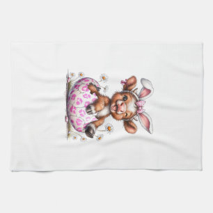 Funny Cow Easter Rabbit Cute Highland Cows Lover E Tea Towel