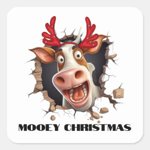 Funny cow face christmas cartoon mooey xmas square sticker