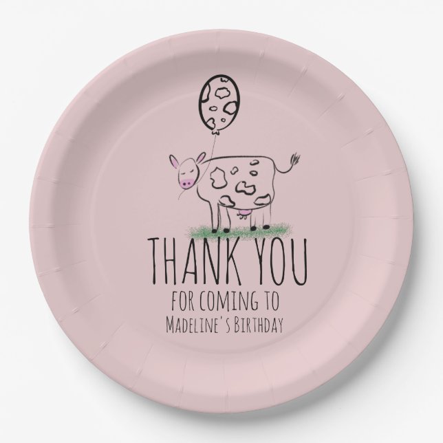 Funny Cow Farm Animal Birthday Party  Pink Paper Plate (Front)