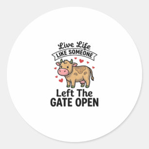 Funny Cow Gate Open Vintage Engraving Shirt Design Classic Round Sticker