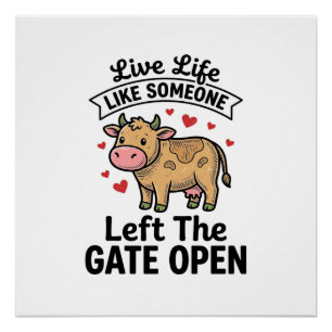 Funny Cow Gate Open Vintage Engraving Shirt Design Poster