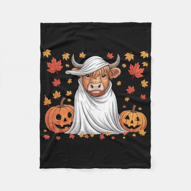 Funny Cow Ghost Spooky Pumpkin Hello Fall Hallowee Fleece Blanket (Front)