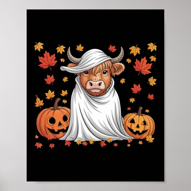 Funny Cow Ghost Spooky Pumpkin Hello Fall Hallowee Poster (Front)