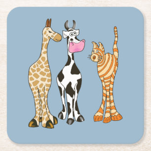 Funny cow giraffe and cat, comical animals. square paper coaster