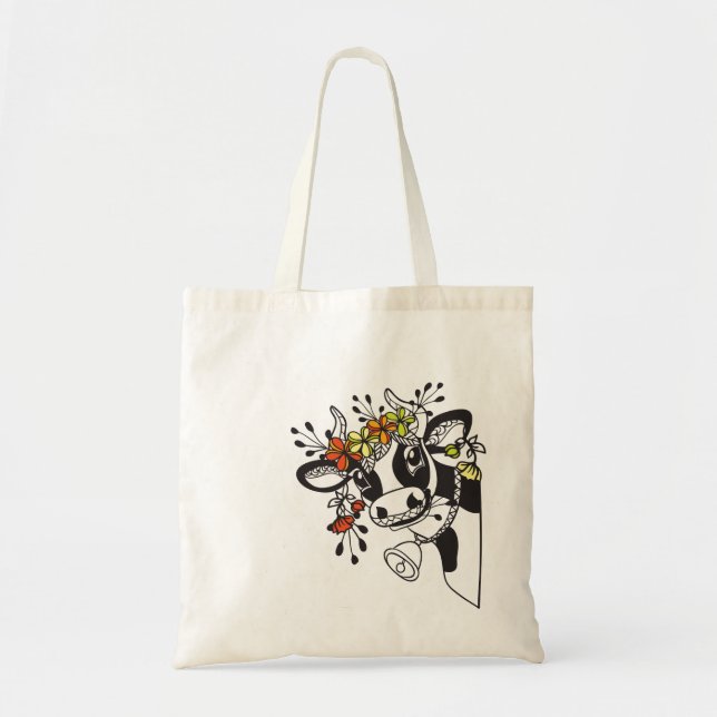 Funny cow head with flowers tote bag (Front)