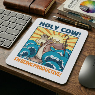 Funny Cow Holy Cow! I'm Being Productive! Cartoon Mouse Pad
