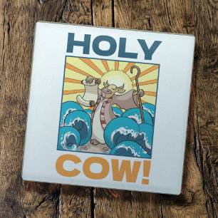 Funny Cow Holy Cow! Visual Pun Animal Cartoon Glass Coaster
